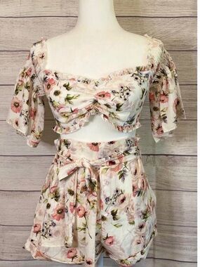 LUXXEL Floral Two-Piece Crop Top & Shorts Set - Pink & Green Print- SPRING SET